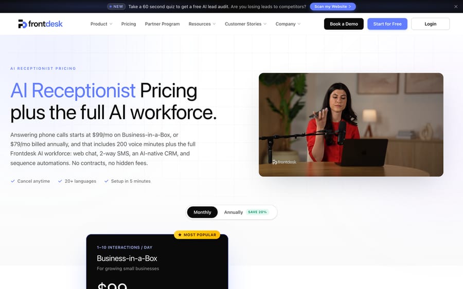 My AI Front Desk's pricing page listing the Business-in-a-Box plan and Enterprise pricing.