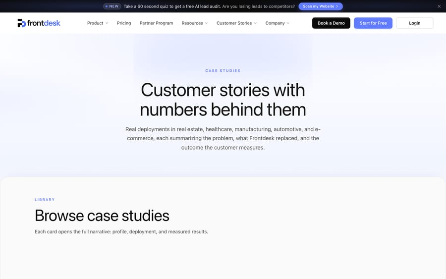 My AI Front Desk's customer stories page, listing case studies by industry with results.