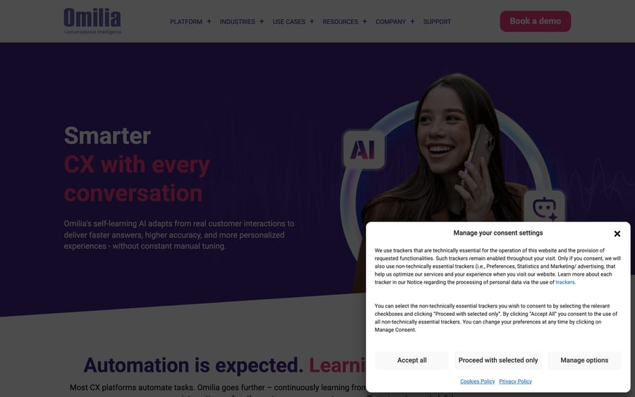 Omilia's homepage: "Smarter CX with every conversation," pitching self-learning AI.