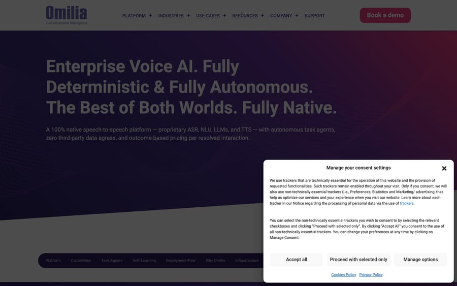 Omilia's "Enterprise Voice AI" page, stating "outcome-based pricing per resolved interaction" directly in its hero headline.