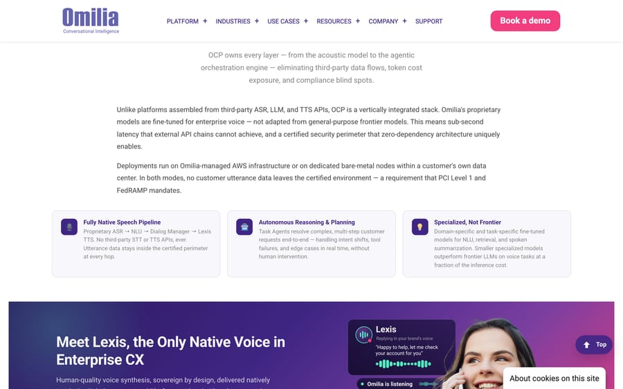Omilia's Lexis voice UI mockup, captioned "Happy to help, let me check your account for you."