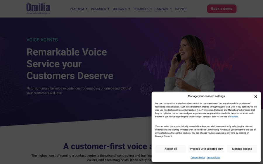 Omilia's Voice Agents page: "Remarkable Voice Service your Customers Deserve," positioning natural, humanlike phone-based CX.