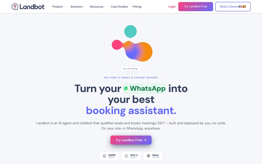 Landbot's homepage, pitching itself as turning WhatsApp into "your best booking assistant."