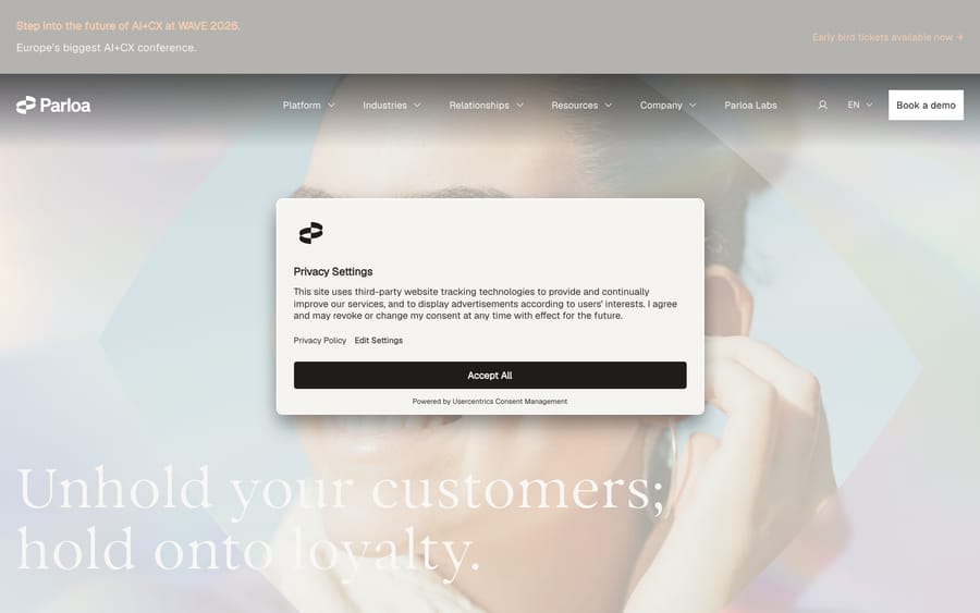 Parloa's homepage: "Unhold your customers; hold onto loyalty," its own enterprise voice AI pitch.