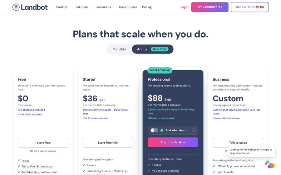 Landbot's pricing page: Free at $0, Starter at $36/mo, Professional at $88/mo (most popular), and custom Business pricing.