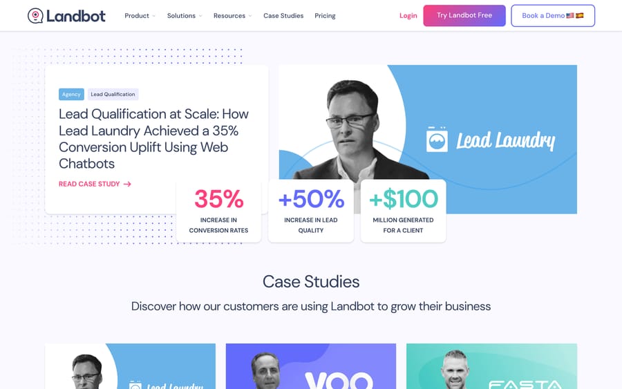 Landbot's case studies page, headlined "How Lead Laundry Achieved a 35% Conversion Uplift Using Web Chatbots."
