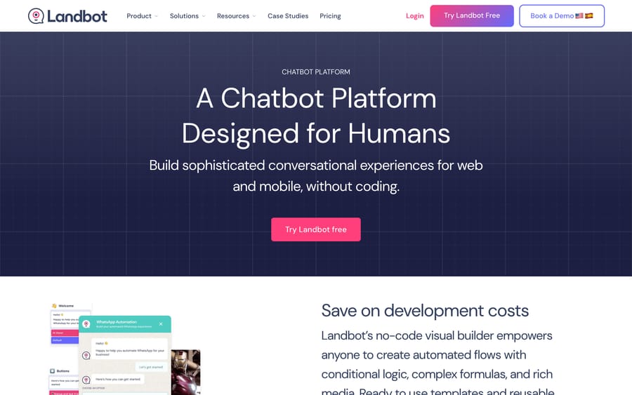 Landbot's chatbot-platform page, showing a WhatsApp automation flow builder with message blocks and buttons.