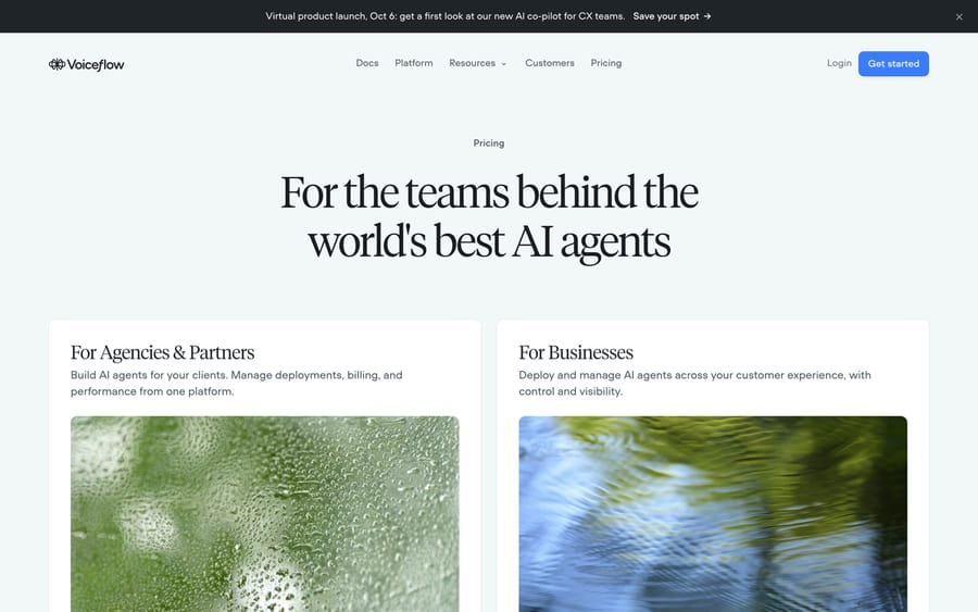 Voiceflow's pricing page, offering "For Agencies & Partners" and "For Businesses" with no dollar figures shown.
