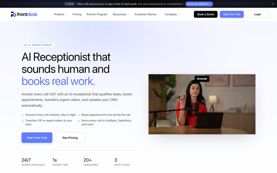My AI Front Desk's AI Receptionist page, showing stats: 24/7 uptime, 1s pickup, 20+ languages.