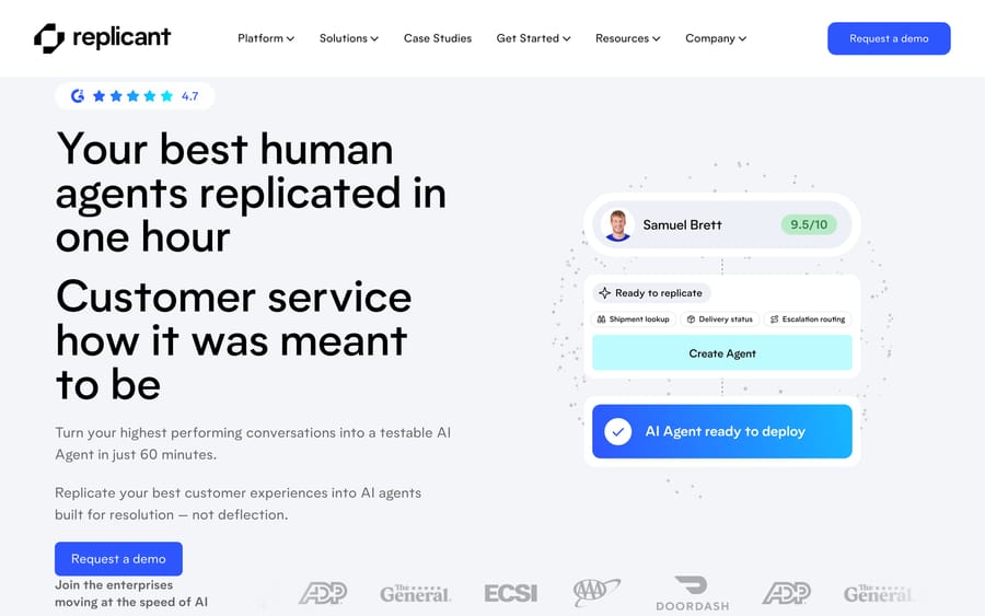 Replicant's homepage: "Your best human agents replicated in one hour," with a 4.7-star G2 badge.