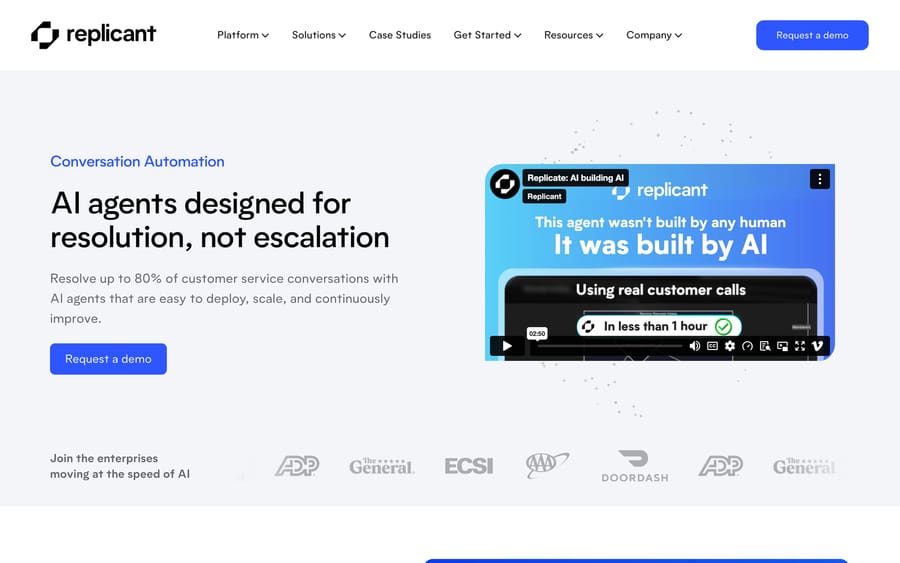 Replicant's Conversation Automation page: "AI agents designed for resolution, not escalation."