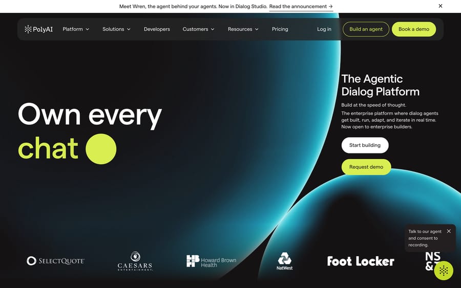 PolyAI's homepage, "Own every chat," describing itself as the Agentic Dialog Platform.