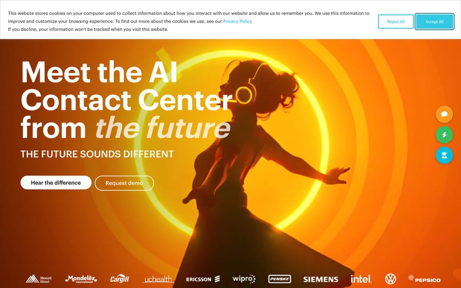 Avaamo's homepage: "Meet the AI Contact Center from the future," with enterprise customer logos.