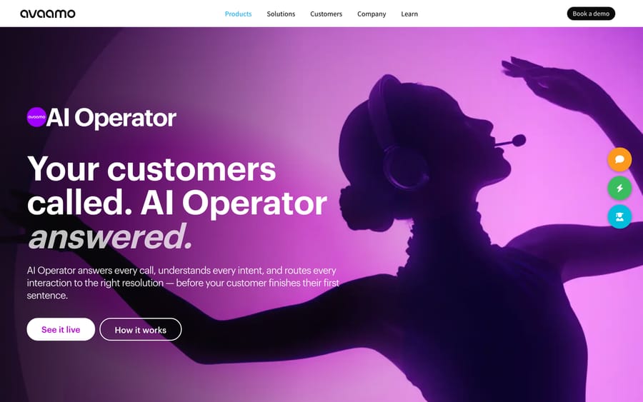 Avaamo's AI Operator page: "Your customers called. AI Operator answered," an IVR replacement.