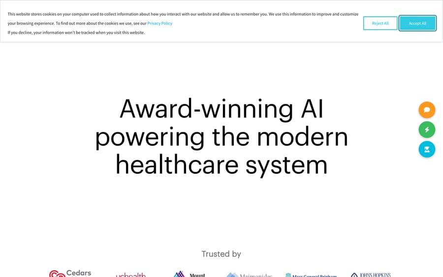 Avaamo's healthcare page: "Award-winning AI," trusted by Cedars-Sinai, Mount Sinai, and Johns Hopkins.