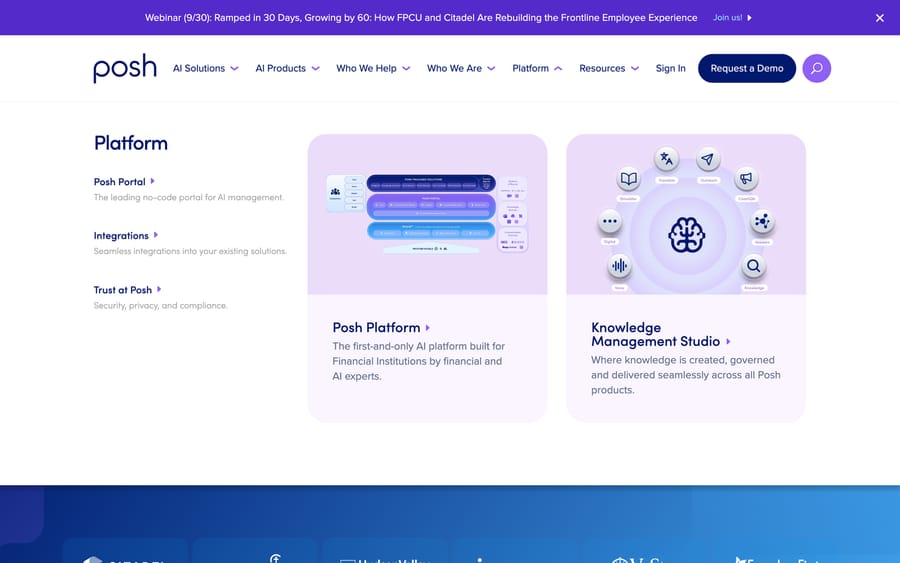 Posh's platform diagram: Posh Portal (chat, voice, text, email) feeding packaged agents and a Knowledge Studio.