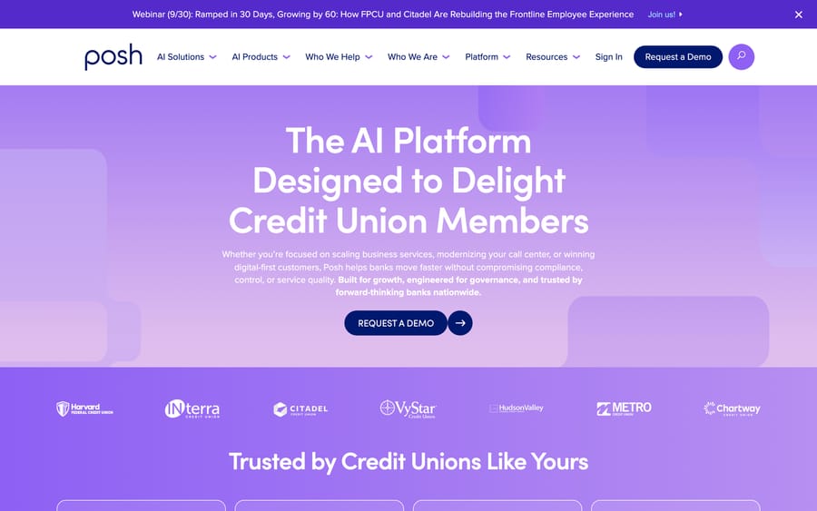 Posh AI's homepage: "Designed to Delight Credit Union Members," with named customer logos.
