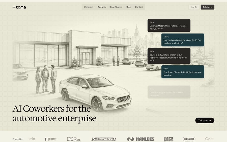 Toma's homepage describing itself as "AI Coworkers for the Automotive Enterprise."
