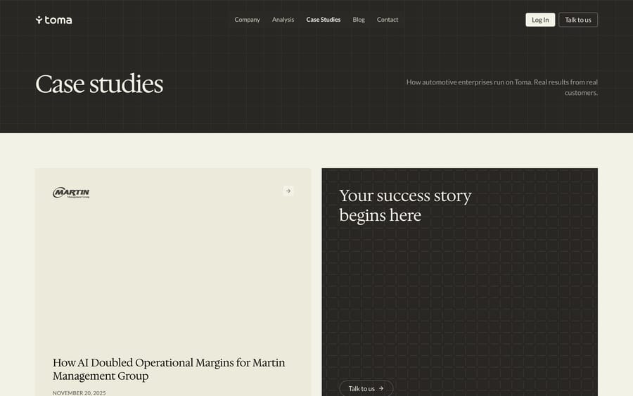 Toma's case studies page, listing dealership groups and results like doubled operational margins.