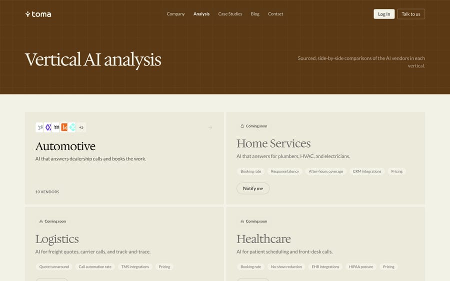 Toma's own "Vertical AI analysis" page, tracking 10 competing automotive AI vendors side by side.