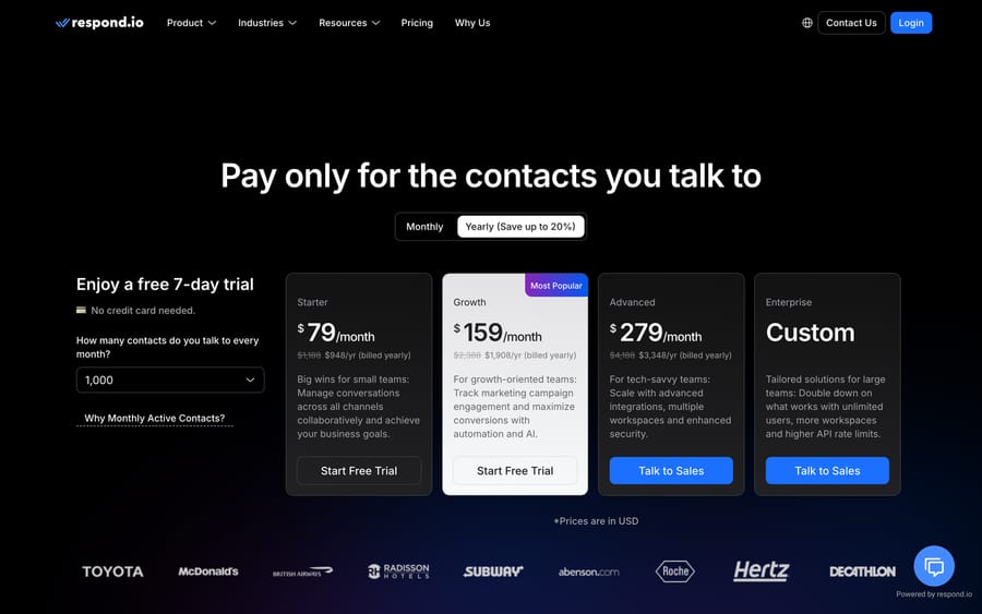 Respond.io's pricing on yearly billing: Starter $79, Growth $159, Advanced $279 a month, Enterprise custom.