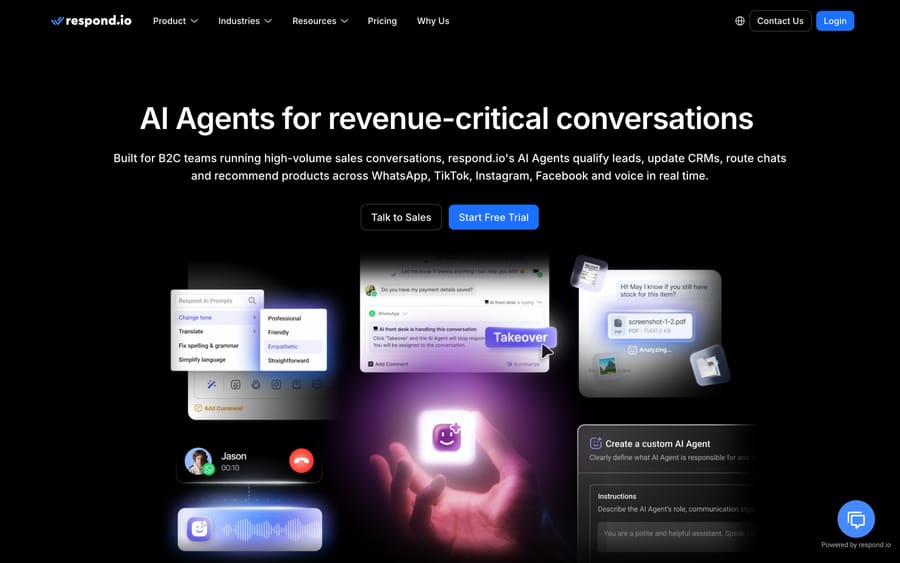 Respond.io's AI Agents page: tone controls, a live WhatsApp takeover, and a custom agent builder.