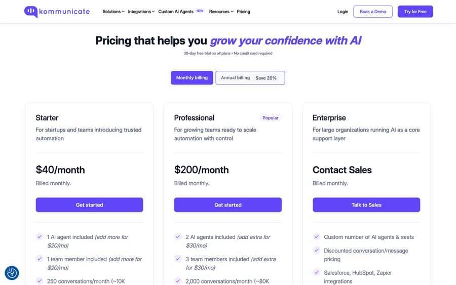 Kommunicate's pricing page: Starter at $40/month with 1 AI agent, Professional at $200/month with 2 AI agents.