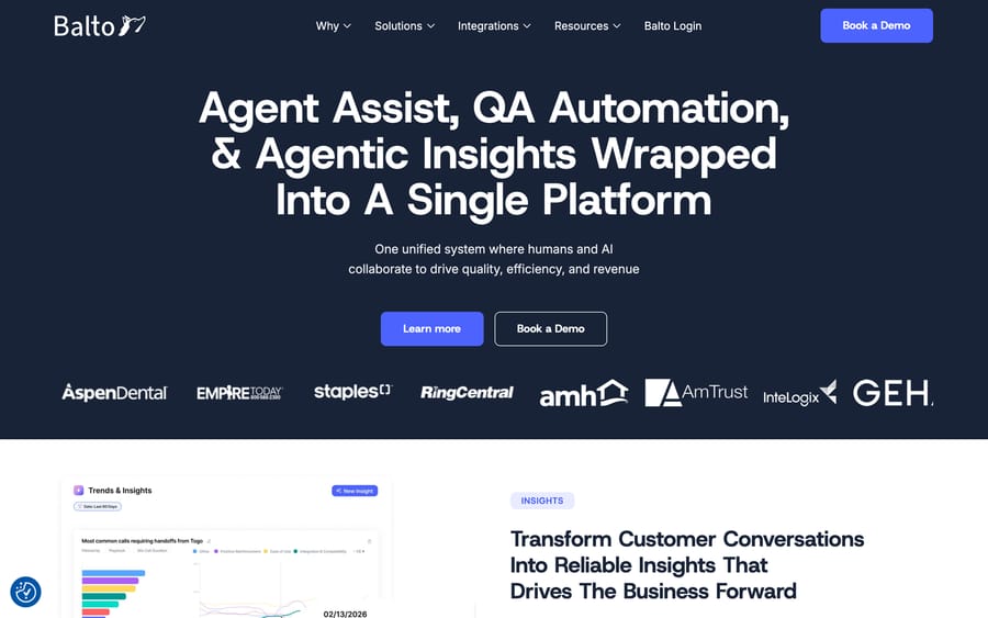 Balto's homepage, pitching "Agent Assist, QA Automation, & Agentic Insights Wrapped Into A Single Platform."