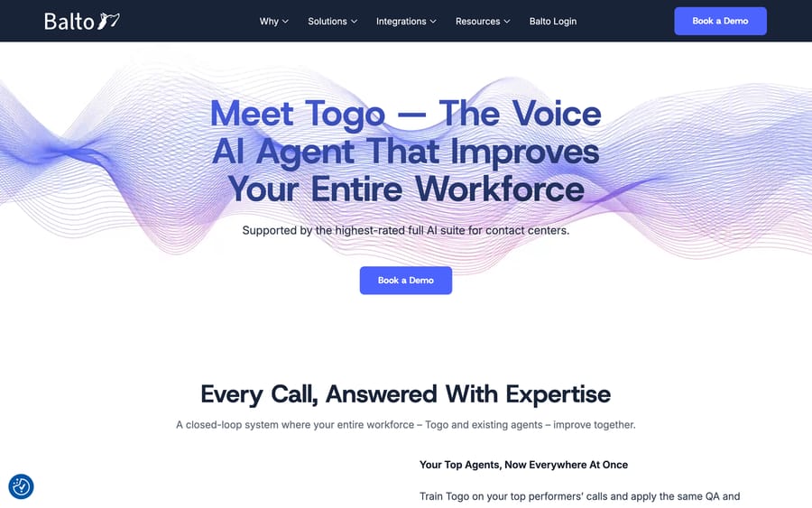 Balto's Togo voice AI agent page, describing it as supported by "the highest-rated full AI suite for contact centers."