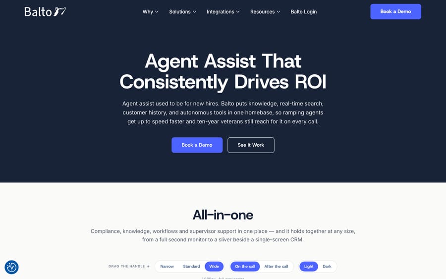 Balto's Agent Assist page, describing real-time knowledge, search, and customer history in one workspace during live calls.