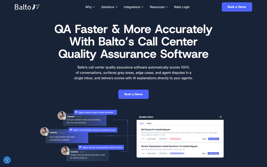 Balto's Quality Assurance product page, showing a "Quality Inbox" with flagged moments and a QA dispute for review.