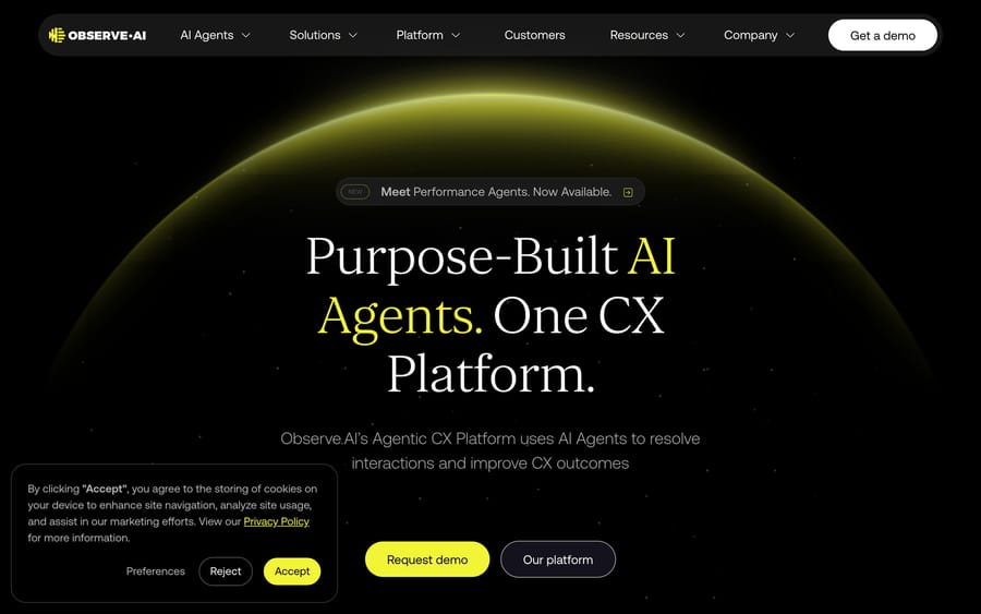 Observe.AI's homepage, pitching "Purpose-Built AI Agents. One CX Platform."