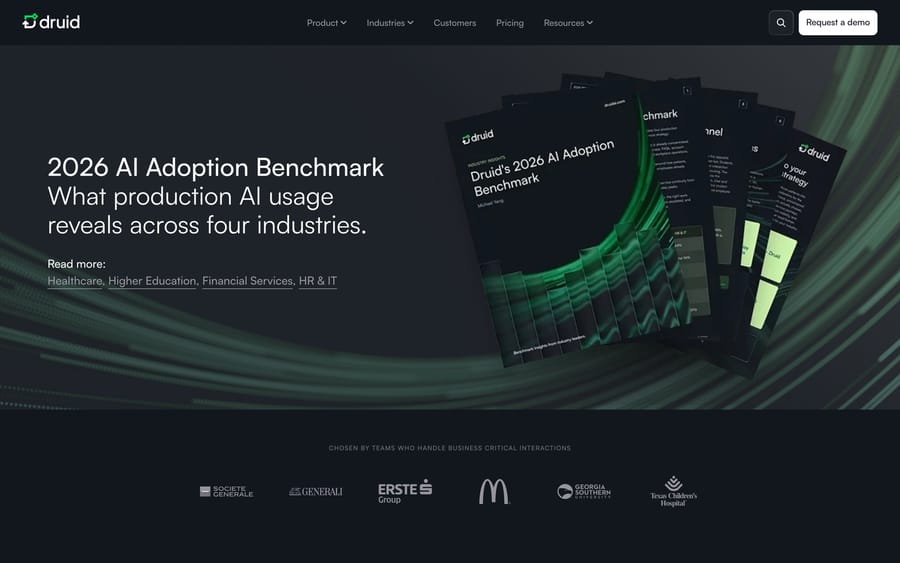 DRUID AI's homepage, showing its 2026 AI Adoption Benchmark report and customer logos.