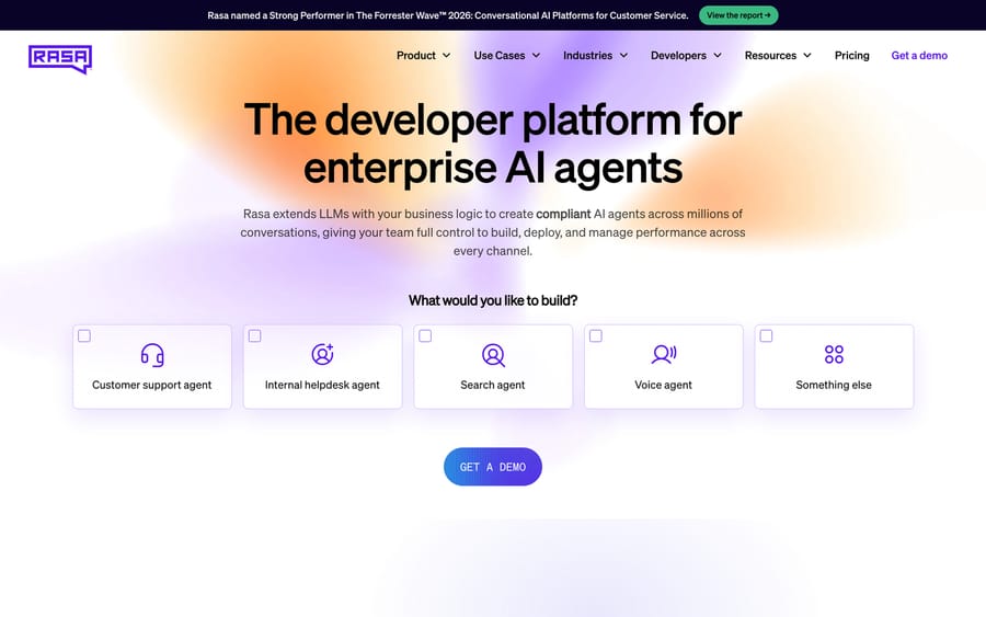 Rasa's homepage: "The developer platform for enterprise AI agents," extending LLMs with logic.
