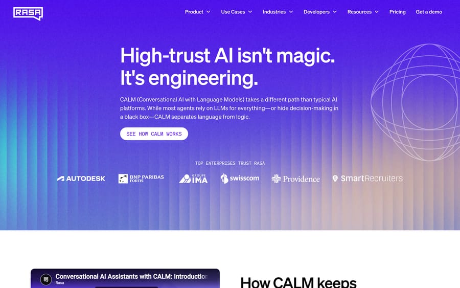 Rasa CALM's page: "High-trust AI isn't magic. It's engineering," separating language from logic.