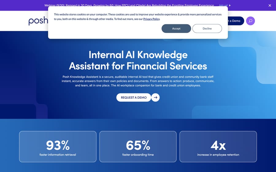 Posh's Knowledge Assistant page, citing 93% faster information retrieval, 65% faster onboarding, and 4x employee retention.