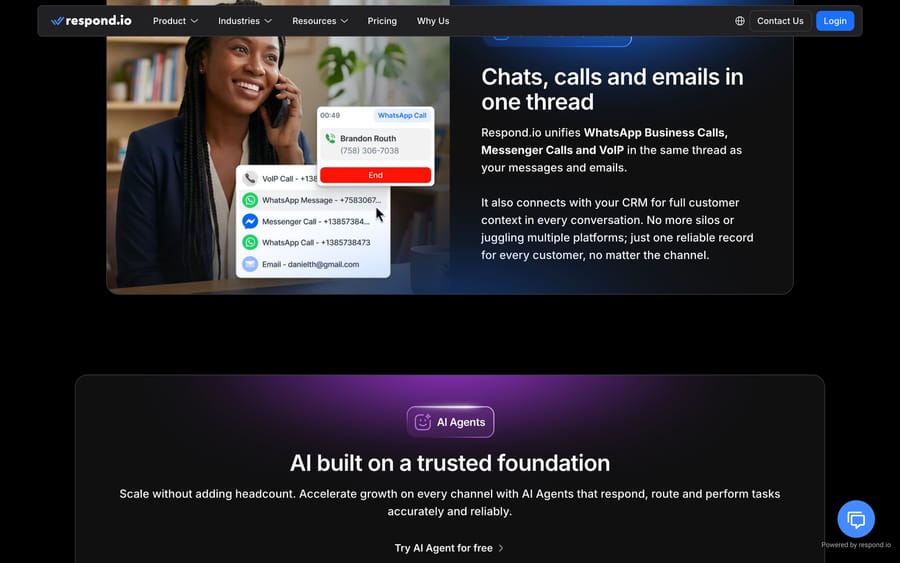 Respond.io's unified thread: a WhatsApp call, a VoIP call and an email logged on one contact.