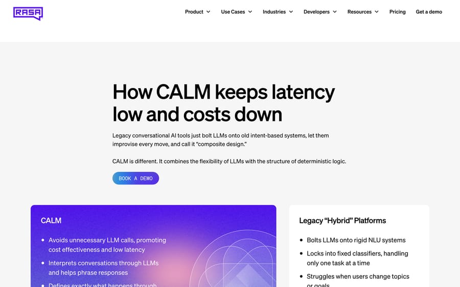 Rasa's comparison: CALM avoids unnecessary LLM calls, versus legacy hybrid platforms bolting LLMs on.