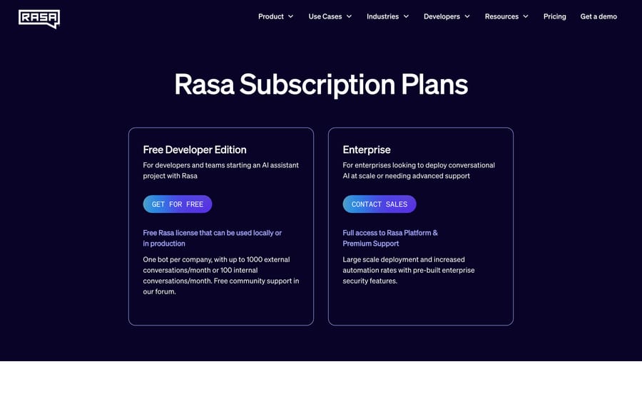 Rasa's pricing page: Free Developer Edition versus custom-quoted Enterprise access.