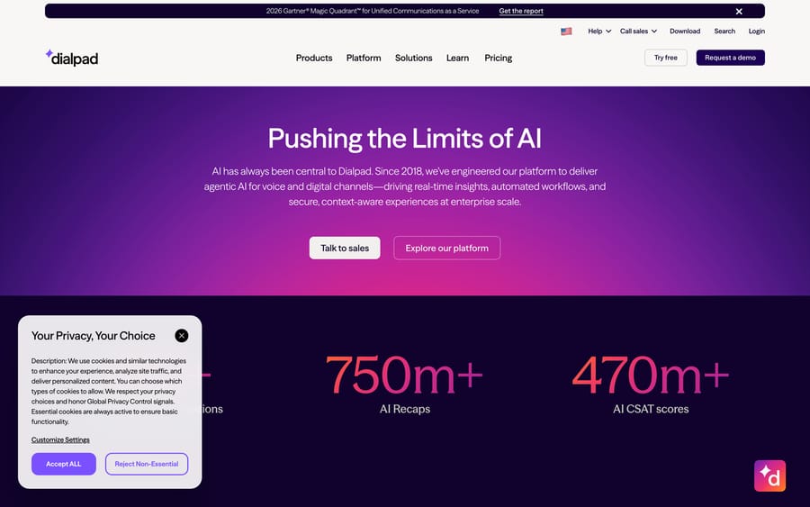 Dialpad's AI product page describing platform-native AI powering its AI Agents, contact center and communications products.