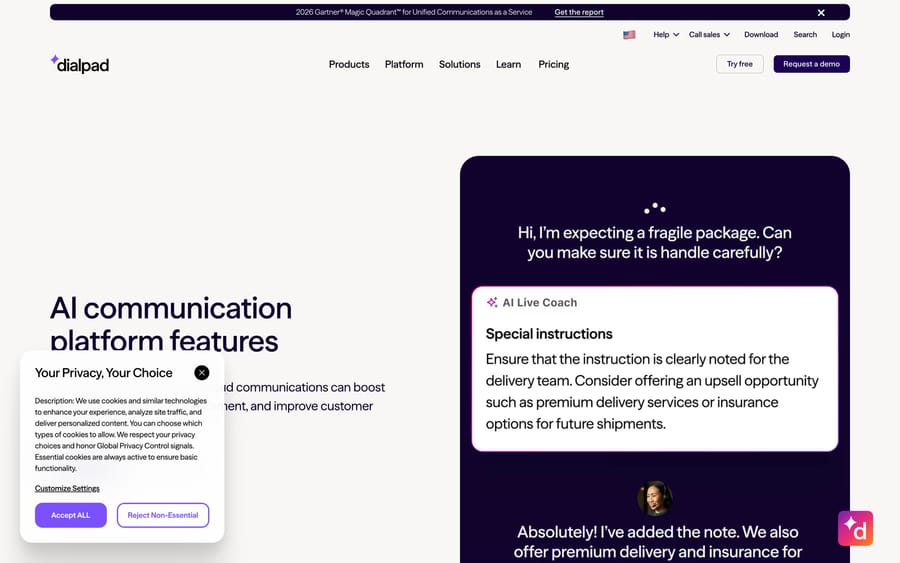 Dialpad's AI features page showing real-time transcription, sentiment analysis, and AI Scorecard interfaces.