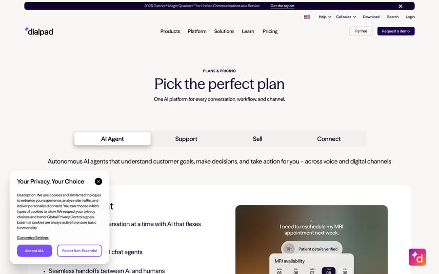 Dialpad's pricing page, tabbed by product (AI Agent, Support, Sell, Connect), no dollar shown.