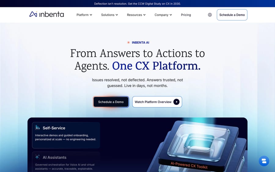 Inbenta's homepage: "From Answers to Actions to Agents. One CX Platform," its main tagline.