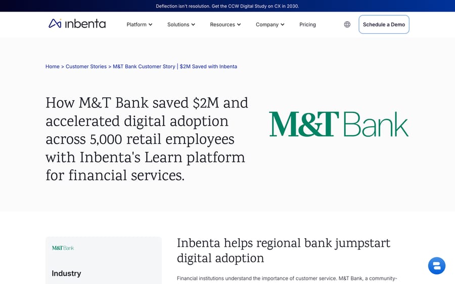 Inbenta's M&T Bank case study: "How M&T Bank saved $2M and accelerated digital adoption."