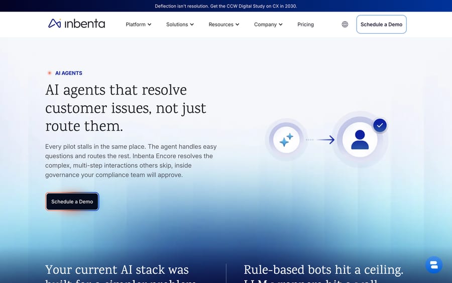 Inbenta's AI Agents page: "AI agents that resolve customer issues, not just route them."