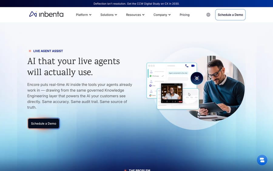 Inbenta's Live Agent Assist page, showing a mockup of an agent's screen across channels.