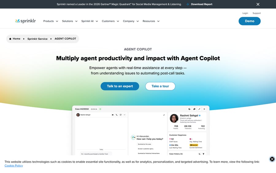 Sprinklr's Agent Copilot: an AI panel offering to summarize a case, alongside the CSAT score.