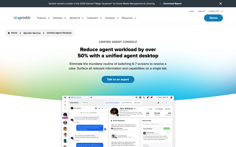 Sprinklr's Unified Agent Desktop: one case with "Smart Responses" and "Smart Assist" panels.
