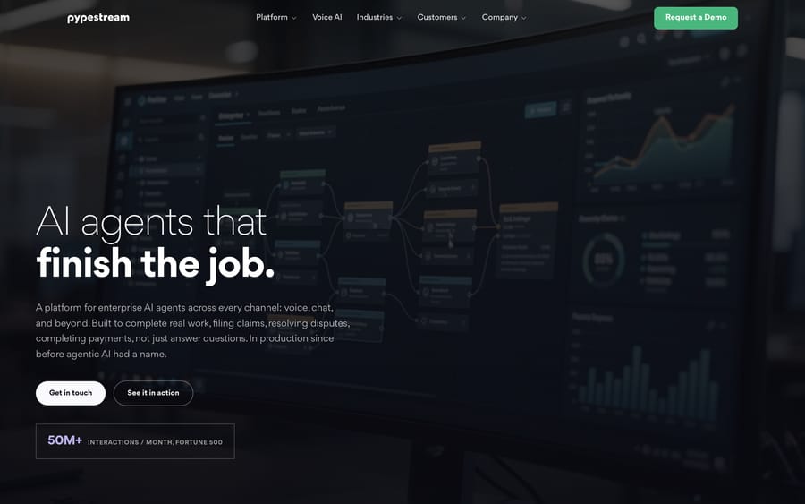 Pypestream's homepage: "AI agents that finish the job," with 50M+ interactions/month and Fortune 500 customers.