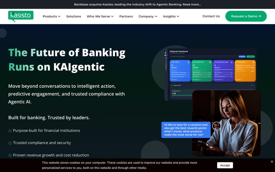 Kasisto's homepage: "The Future of Banking Runs on KAIgentic," with agent and workflow counts.